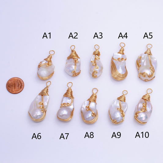 Big bold white baroque freshwater pearl with handmade gold wired pendant in gold statement jewelry p-1854