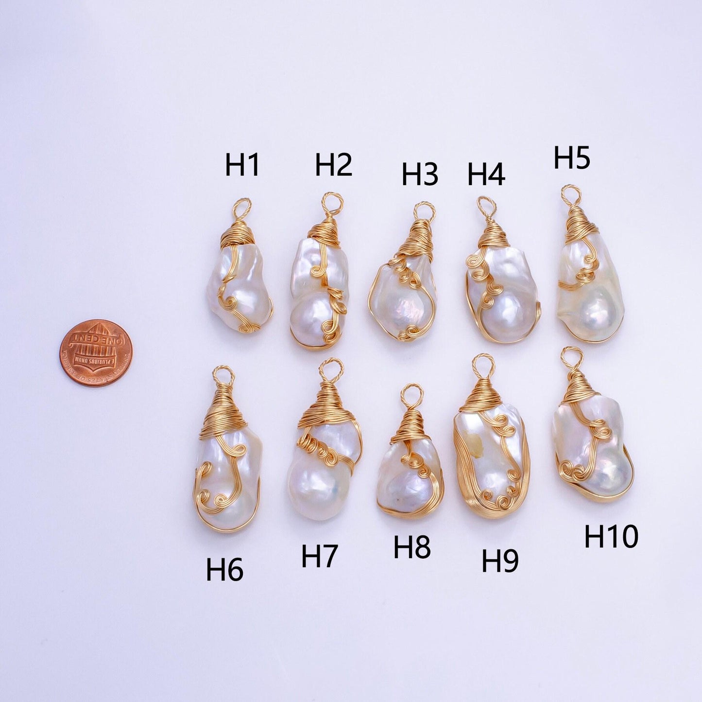 One of a kind big bold white baroque keishi freshwater pearl with handmade gold wired pendant in gold statement jewelry p-1854