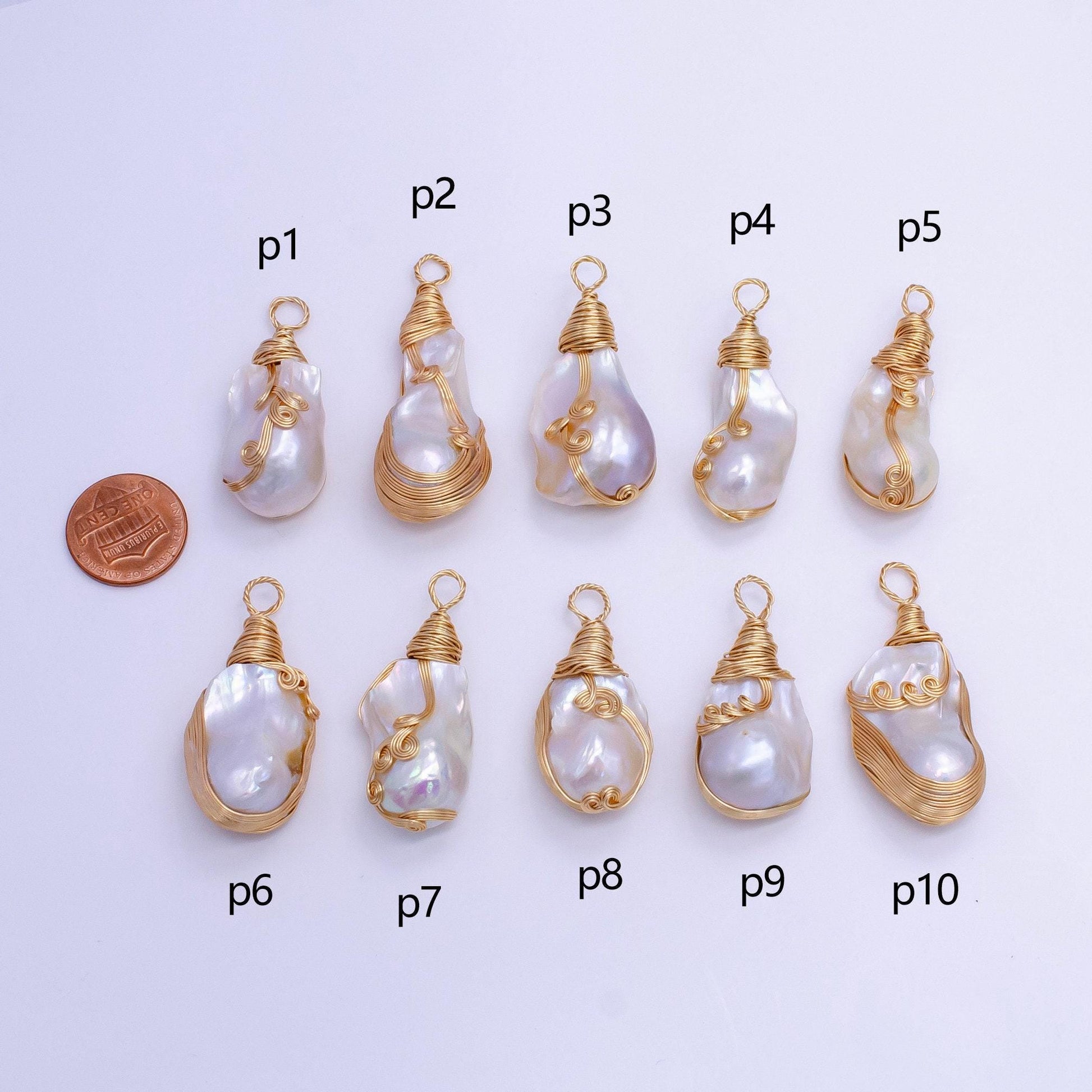 One of a kind big bold white baroque keishi freshwater pearl with handmade gold wired pendant in gold statement jewelry p-1854