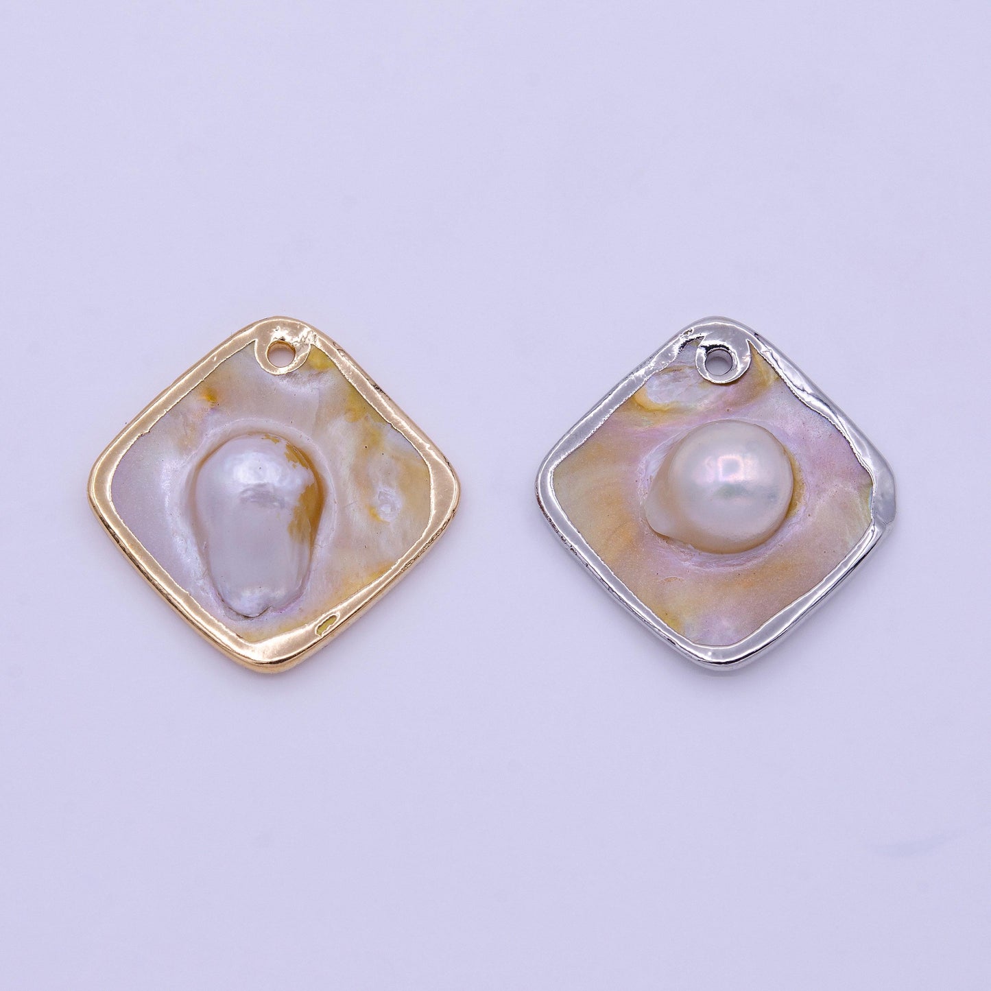 1pc wholesale natural mother of pearl charm abstract rhombus shape aprox 23.7 x 24 mm, gold / silver plated charm p1841