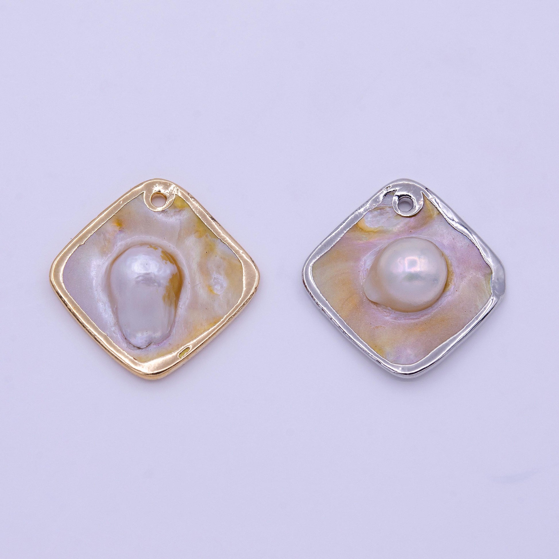 1pc wholesale natural mother of pearl charm abstract rhombus shape aprox 23.7 x 24 mm, gold / silver plated charm p1841