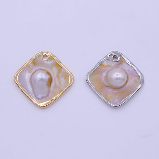 1pc wholesale natural mother of pearl charm abstract rhombus shape aprox 23.7 x 24 mm, gold / silver plated charm p1841