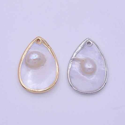 1pc wholesale natural mother of pearl charm abstract tear drop shape aprox 29.2 x 20 mm, gold / silver plated charm p1839