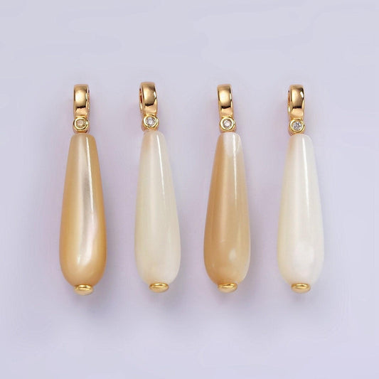 14k gold filled white, peach freshwater pearl linear teardrop clear cz bail pendant | p-1654 p-1655