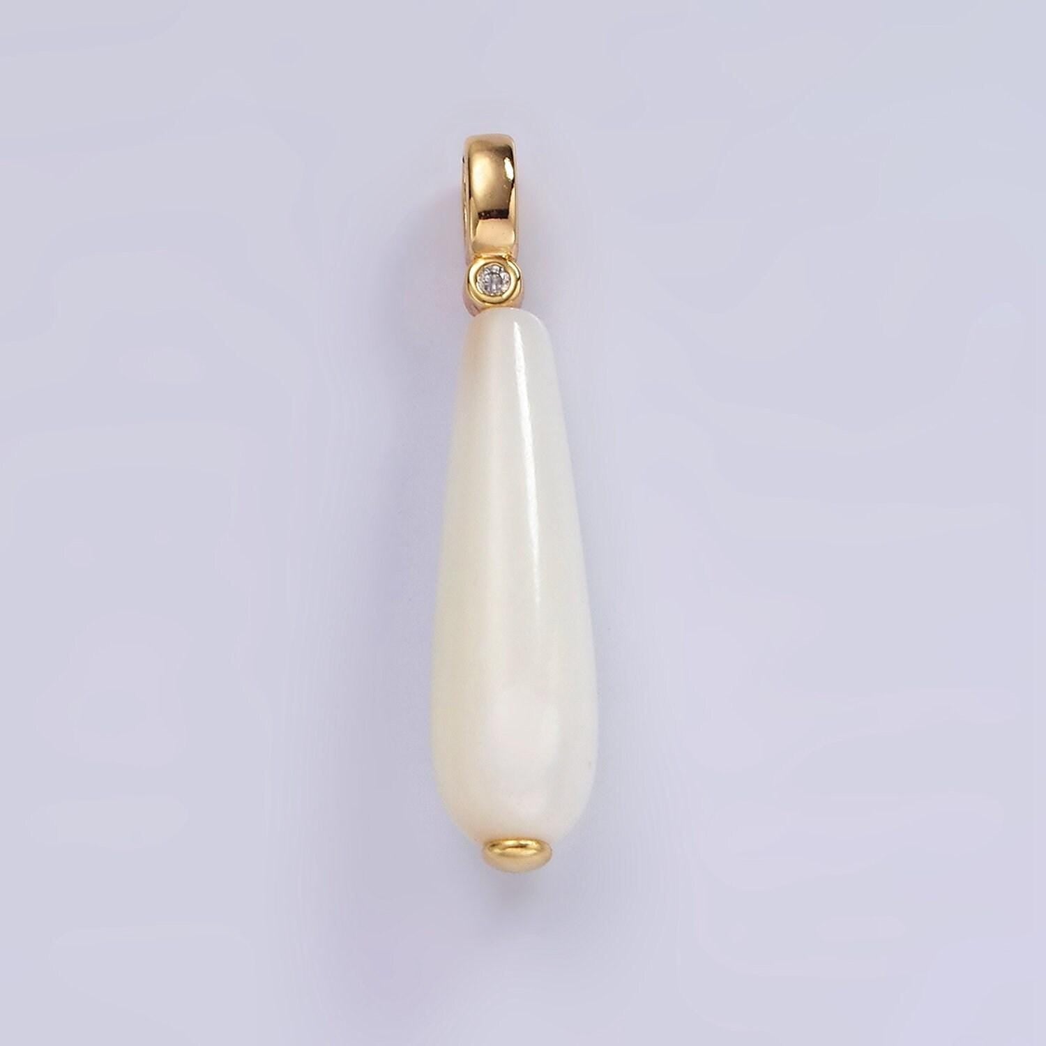 14k gold filled white, peach freshwater pearl linear teardrop clear cz bail pendant | p-1654 p-1655