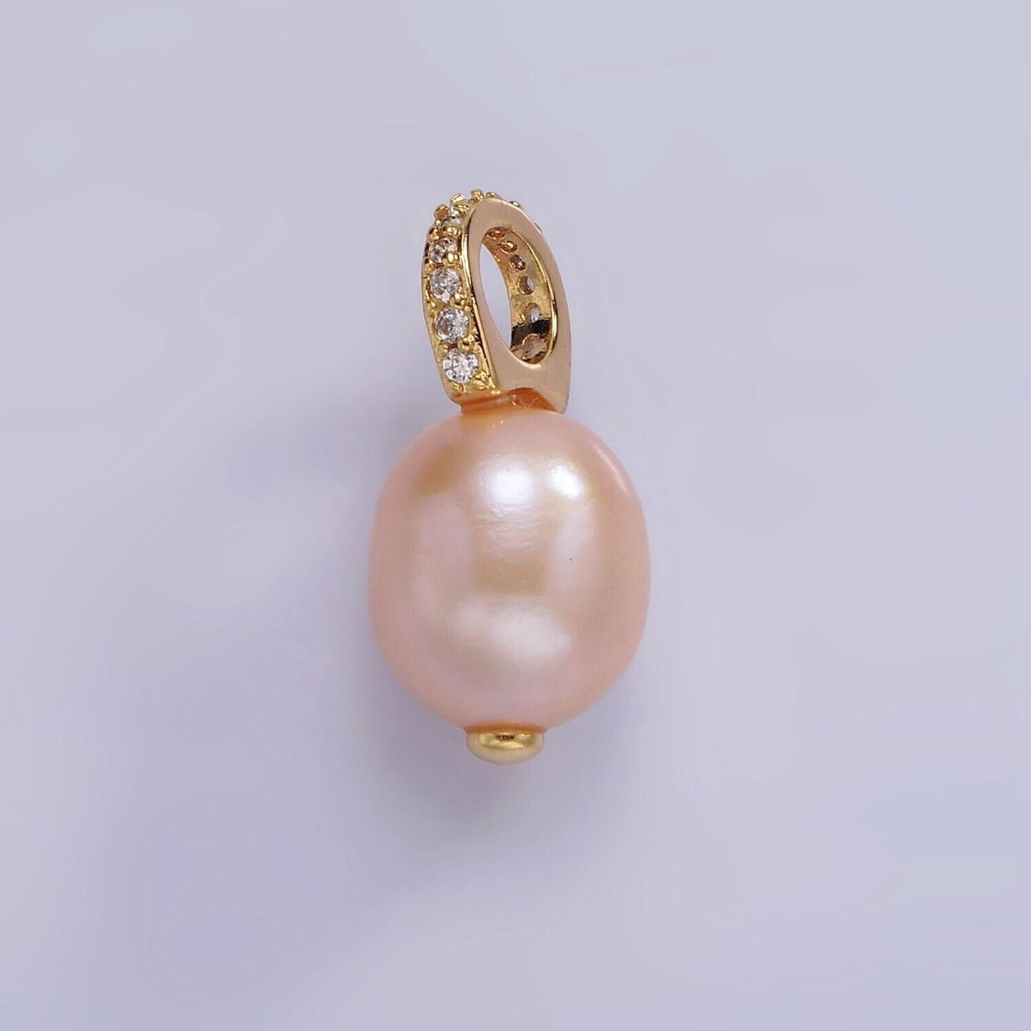 14k gold filled 19.5mm pink, purple pearl button drop micro paved cz pendant | p1643