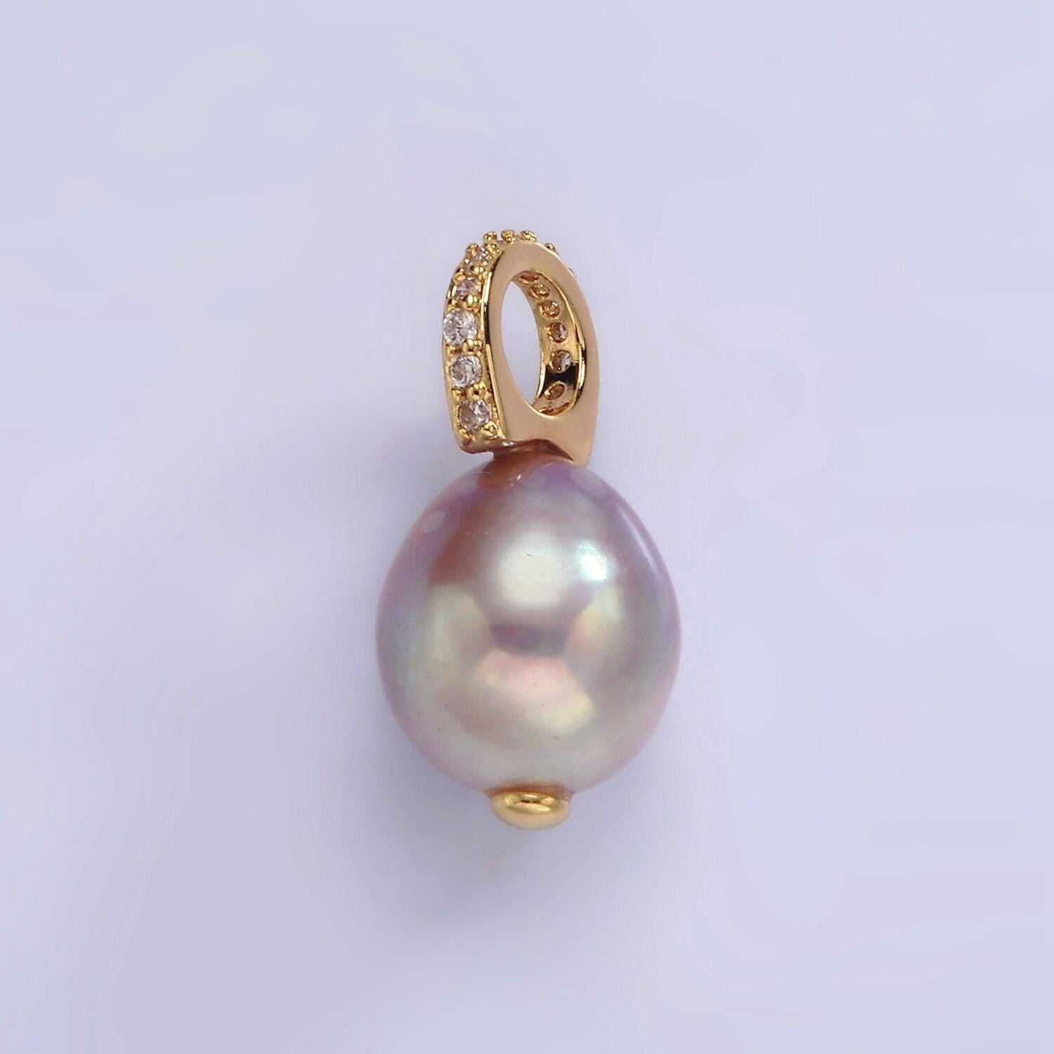 14k gold filled 19.5mm pink, purple pearl button drop micro paved cz pendant | p1643