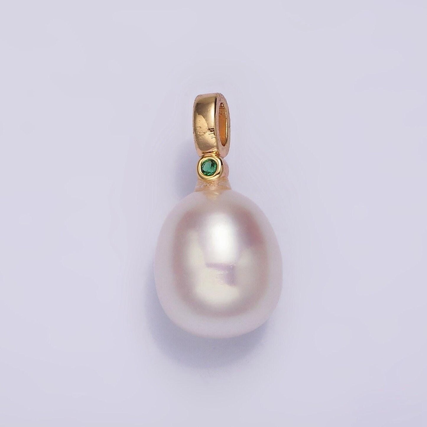 Dainty white potato pearl charms pendant with cz bail approx. 8x11mm for necklace component clear green cubic zirconia p-1607