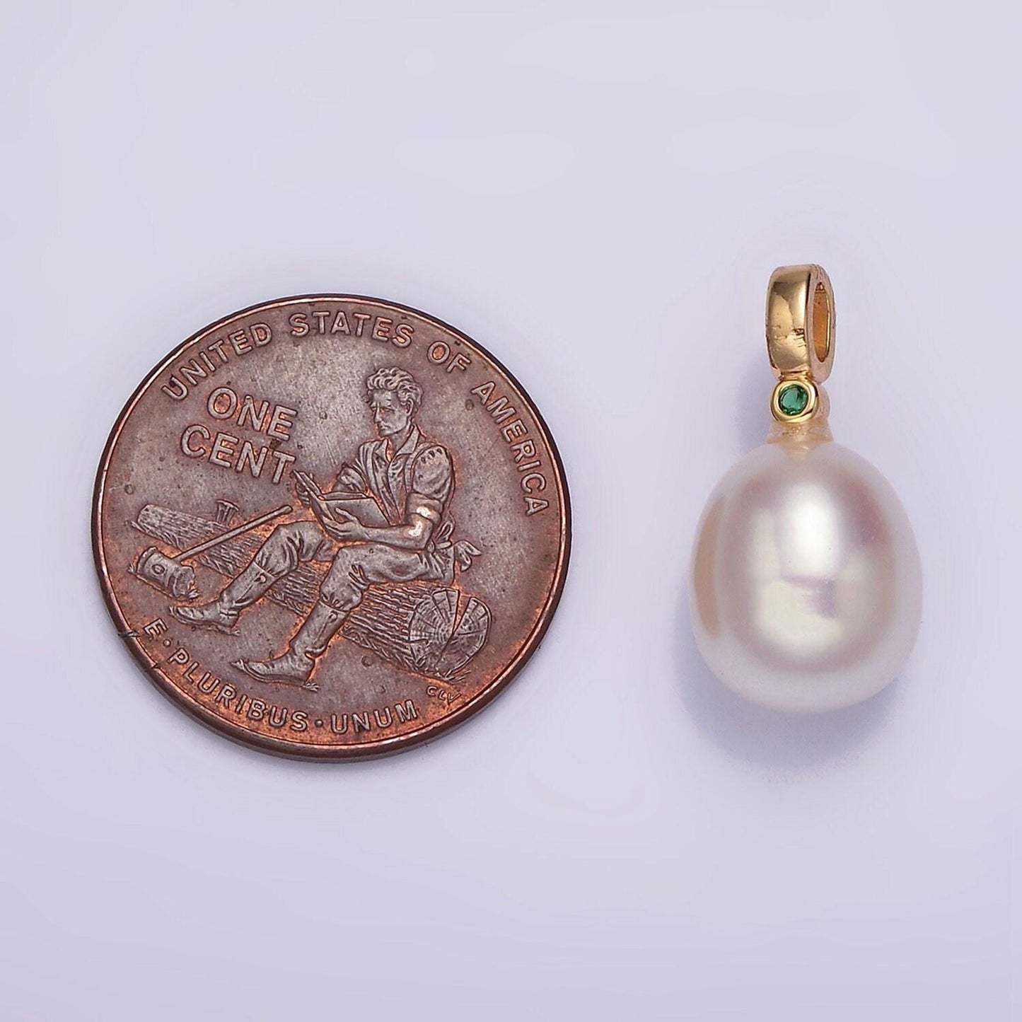 Dainty white potato pearl charms pendant with cz bail approx. 8x11mm for necklace component clear green cubic zirconia p-1607