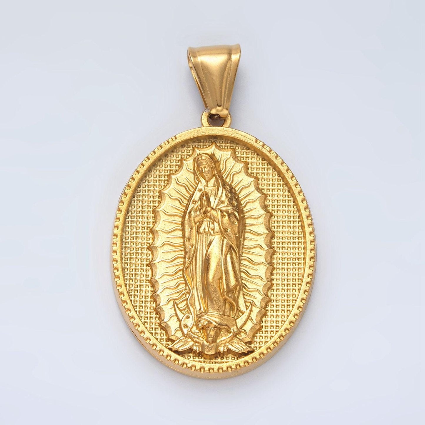 Bold gold lady guadalupe on oval charms stainless steel virgin mary pendant catholic religious necklace charm p1471