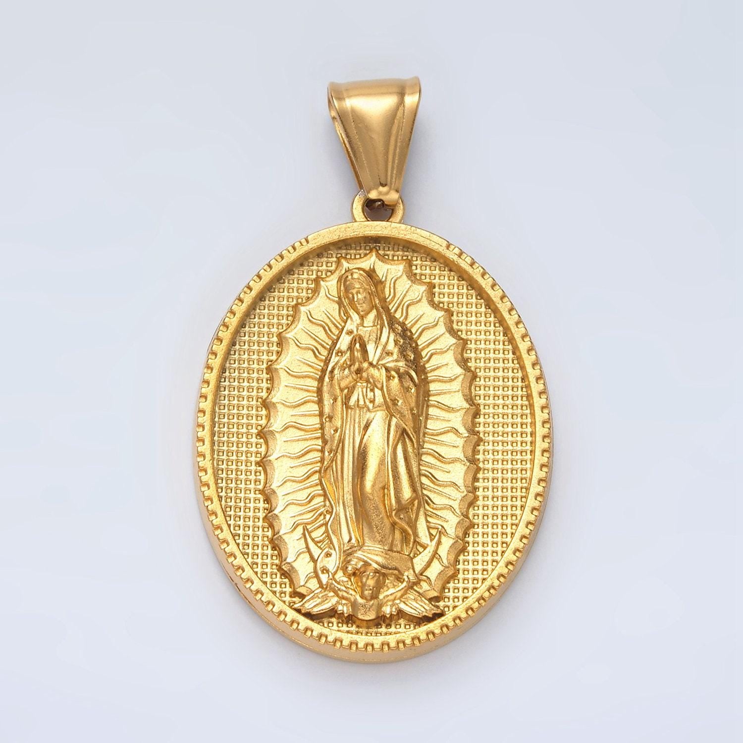 Bold gold lady guadalupe on oval charms stainless steel virgin mary pendant catholic religious necklace charm p1471