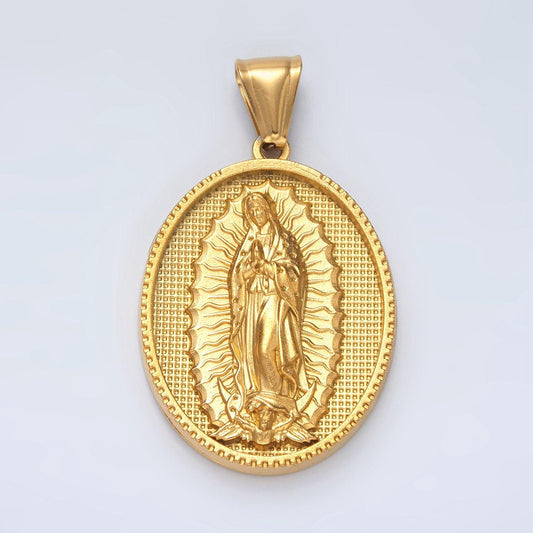 Bold gold lady guadalupe on oval charms stainless steel virgin mary pendant catholic religious necklace charm p1471