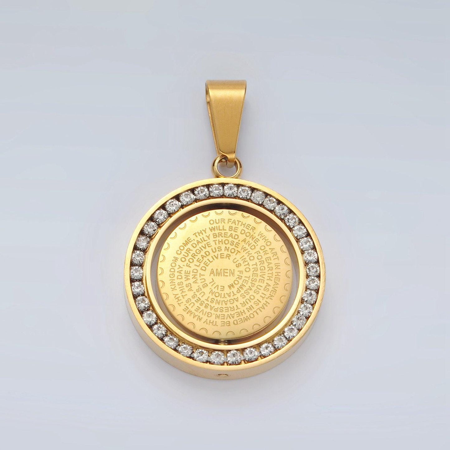 24k gold filled double sided serenity prayer & lord's prayer stainless steel swing medallion pendant | p1463
