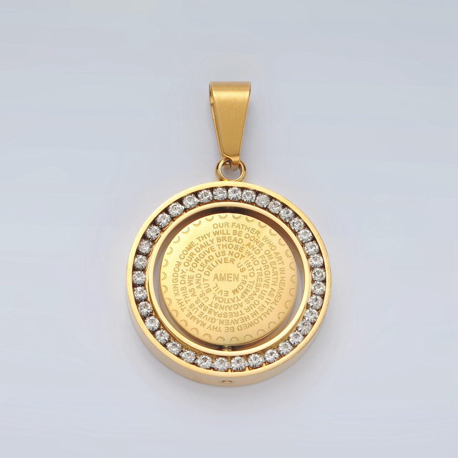 24k gold filled double sided serenity prayer & lord's prayer stainless steel swing medallion pendant | p1463
