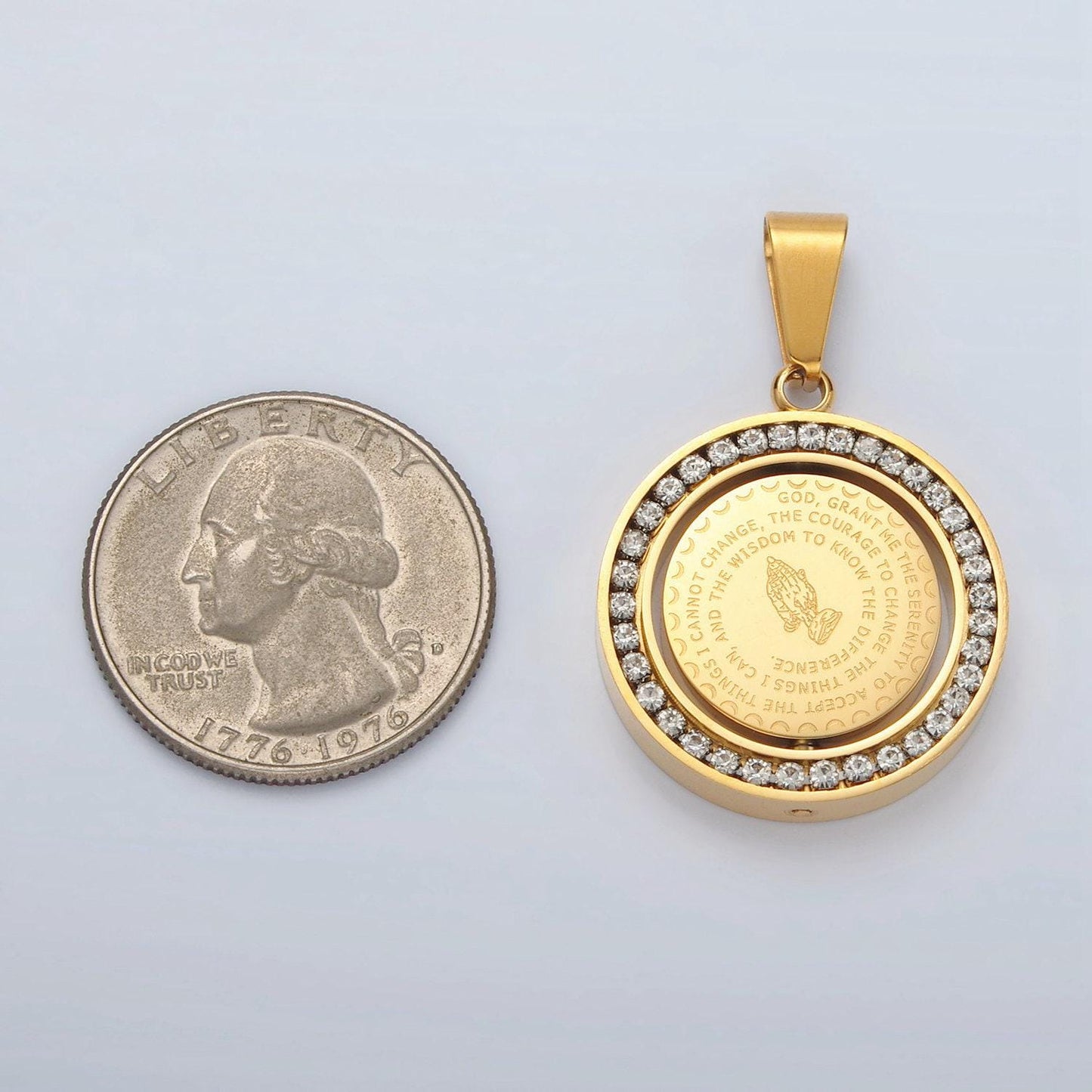 24k gold filled double sided serenity prayer & lord's prayer stainless steel swing medallion pendant | p1463