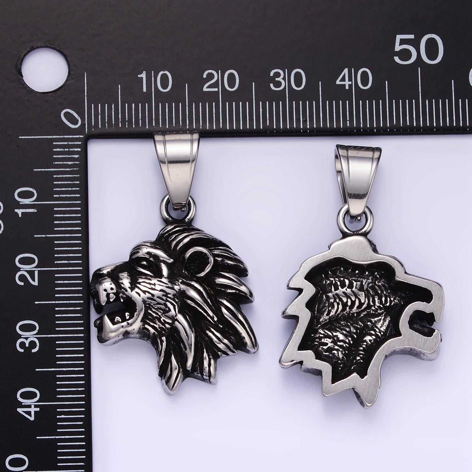 Stainless steel silver lion pendant dark king of jungle charm for statement necklace | p-1453