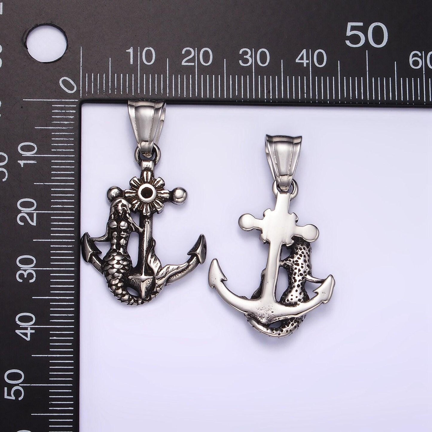 Silver mermaid nautical charm stainless steel 21.5mm anchor with mermaid pendant statement men jewelry making supply | p-1430