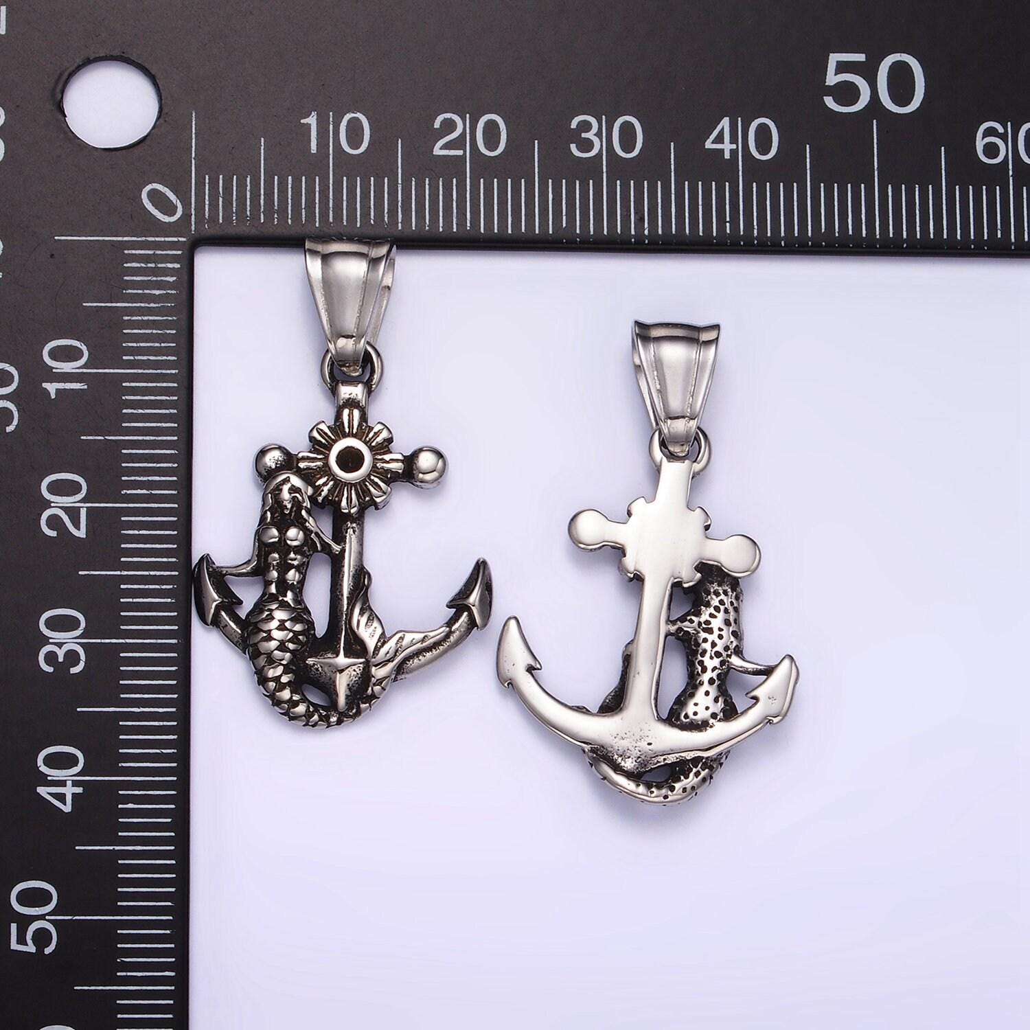 Silver mermaid nautical charm stainless steel 21.5mm anchor with mermaid pendant statement men jewelry making supply | p-1430