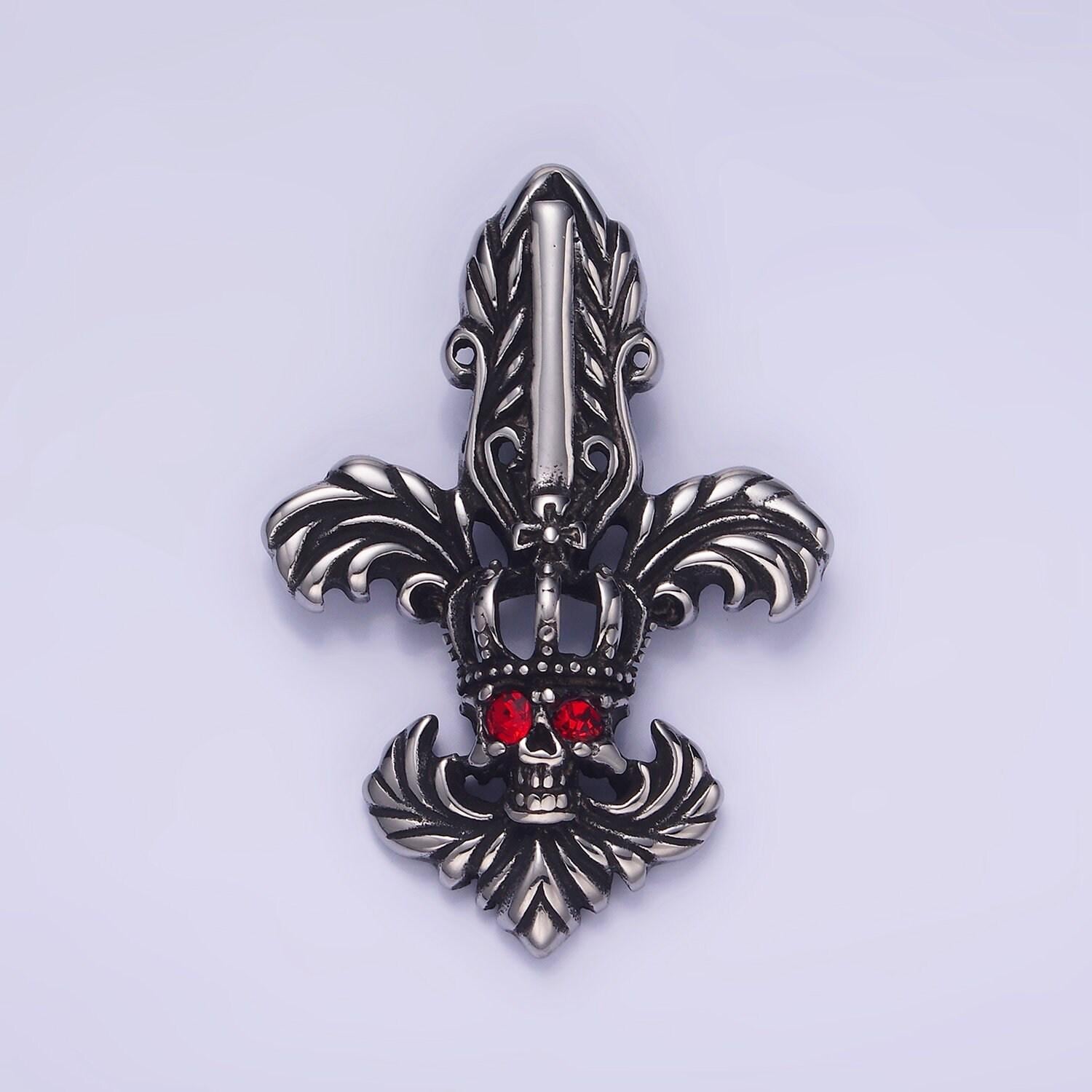 Stainless steel fleur de lis shape skull pendant black skull for men jewelry making supply halloween inspired charm statement | p-1423