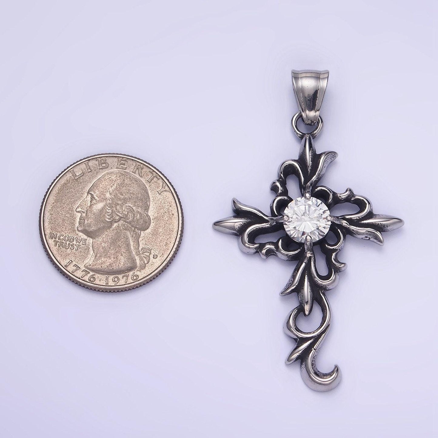 Stainless steel cz elaborate artisan cross oxidized silver pendant | p-1422