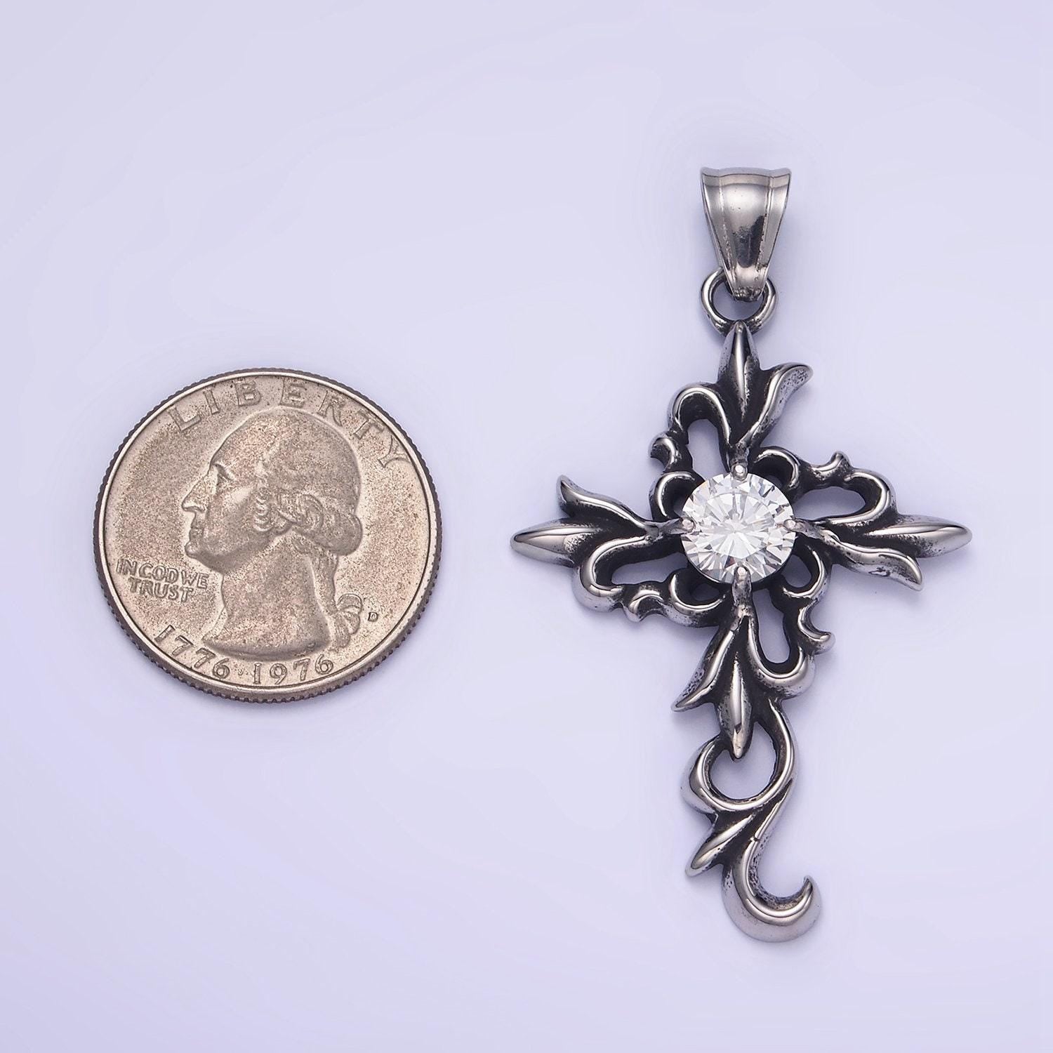 Stainless steel cz elaborate artisan cross oxidized silver pendant | p-1422