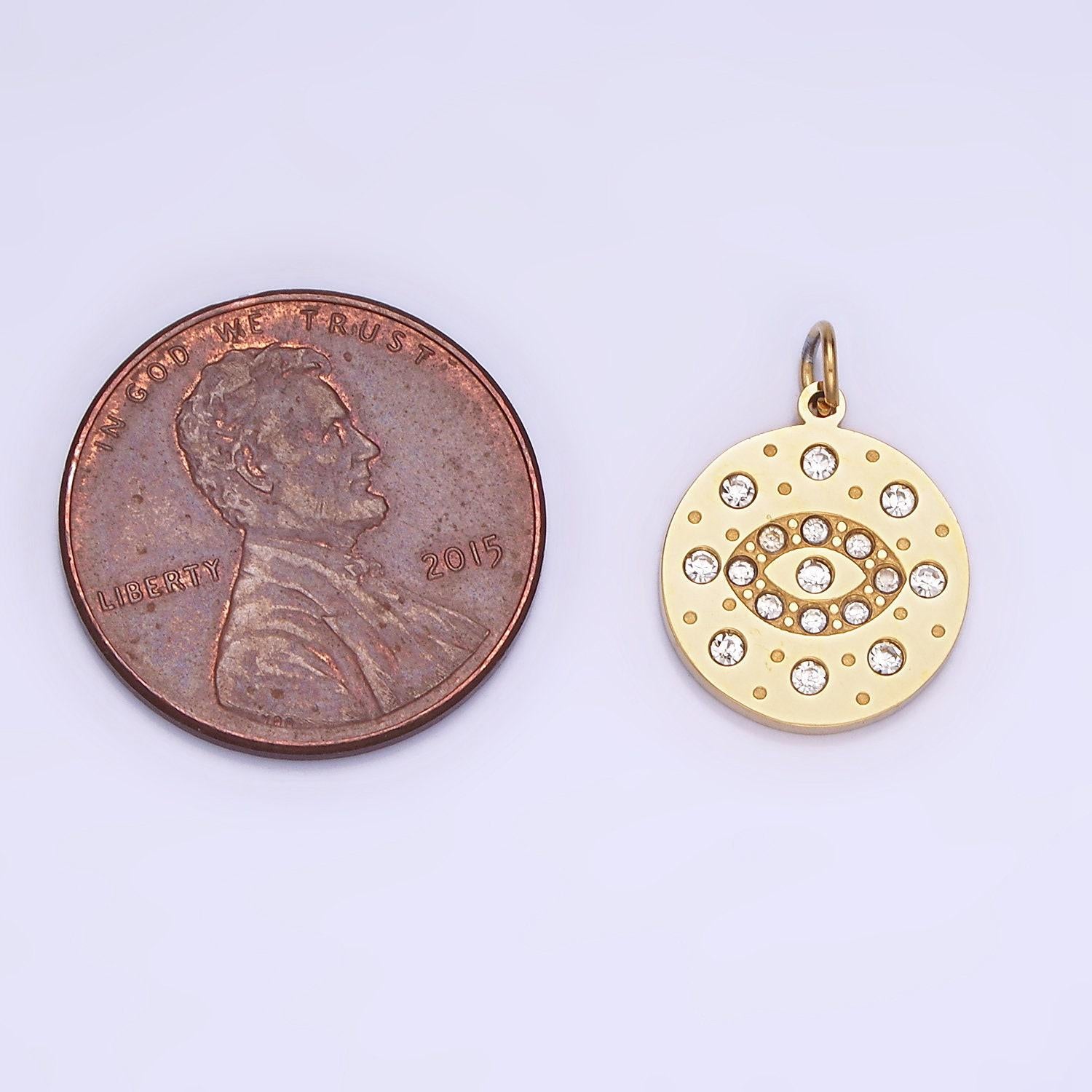 Mini gold stainless steel evil eye charm round coin crystal pendant | p-1407