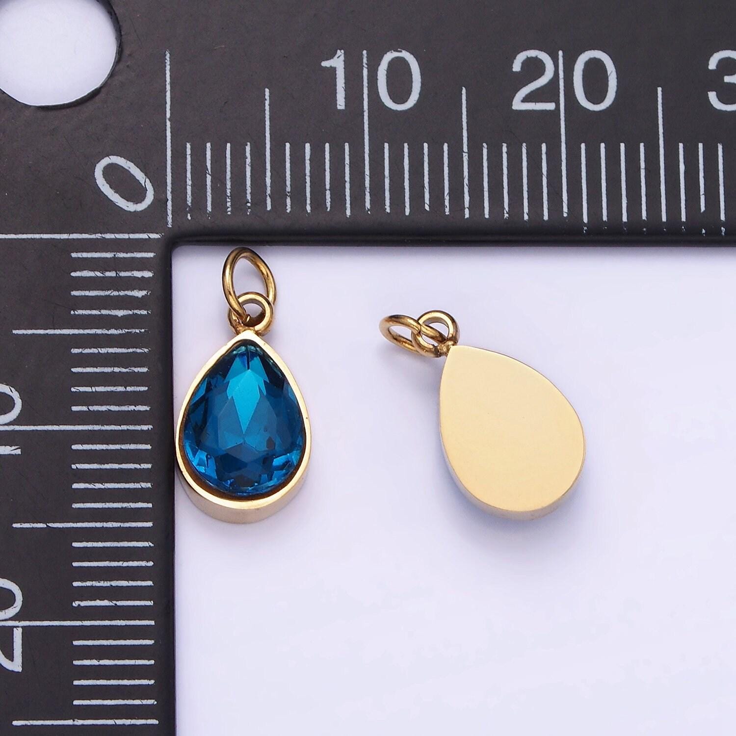 Dainty gold stainless steel blue teardrop crystal charm | p-1406