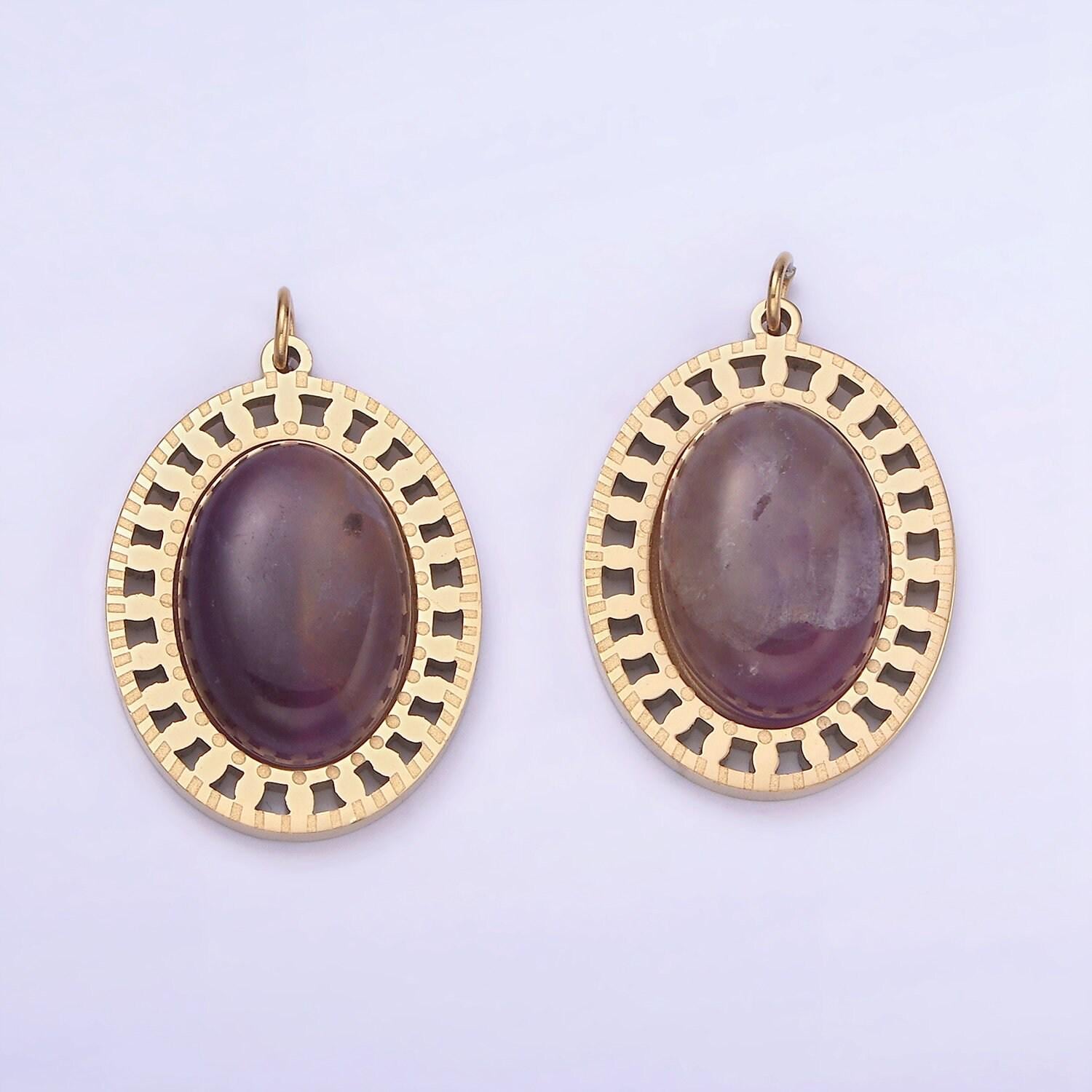 Oval purple amethyst gold stainless steel charm medallion pendant | p-1405