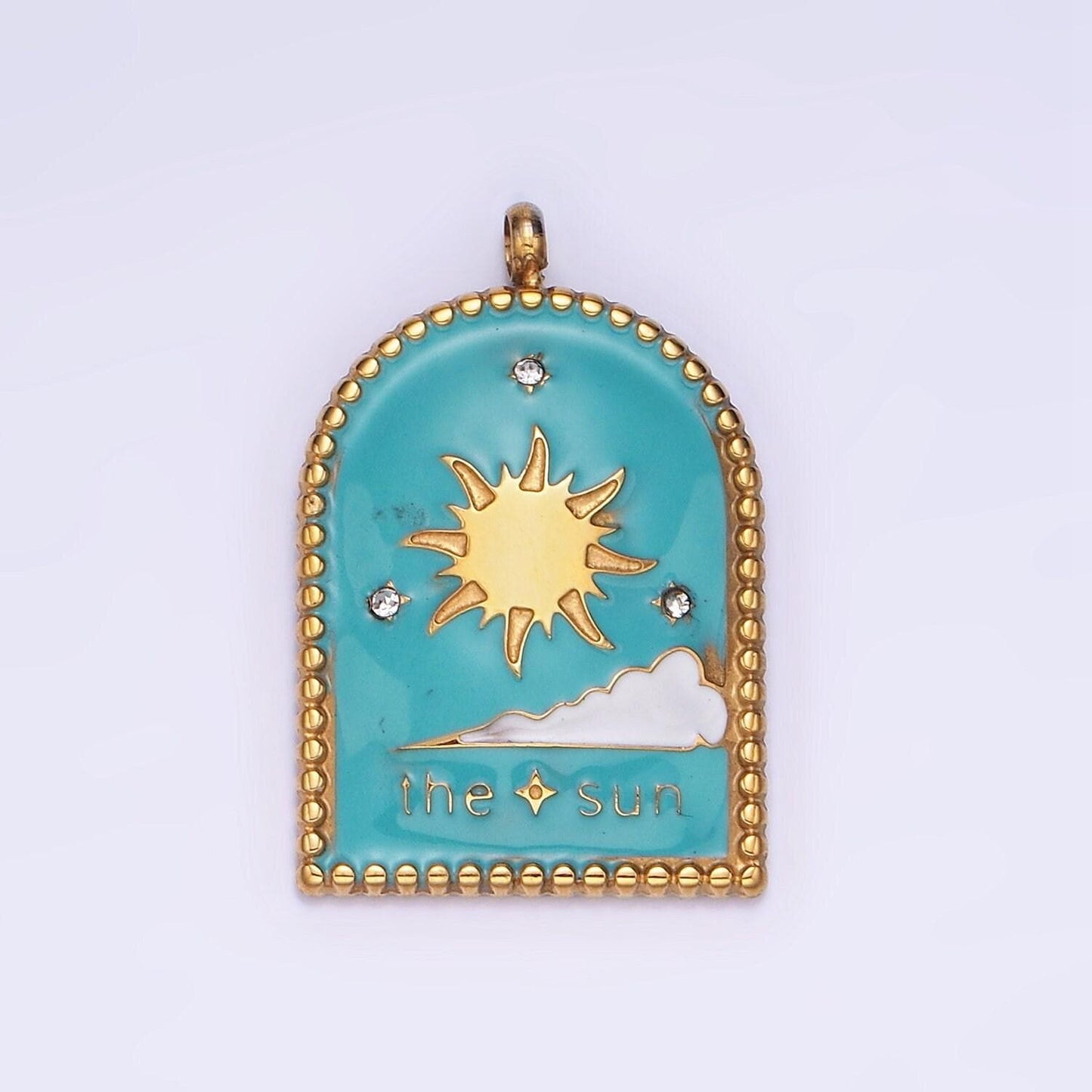 Dainty gold stainless steel sun charm in window tag enamel morning sky pendant p-1397