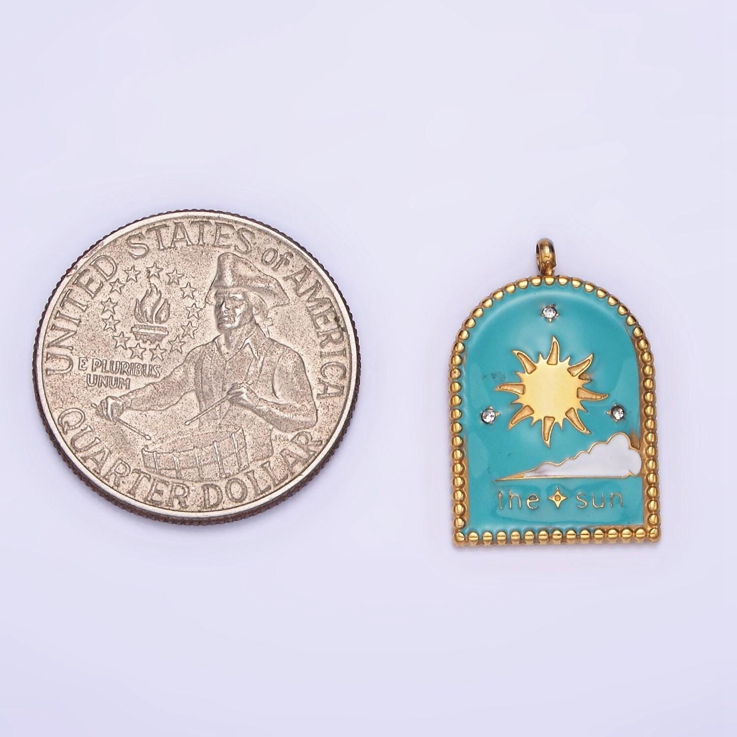Dainty gold stainless steel sun charm in window tag enamel morning sky pendant p-1397