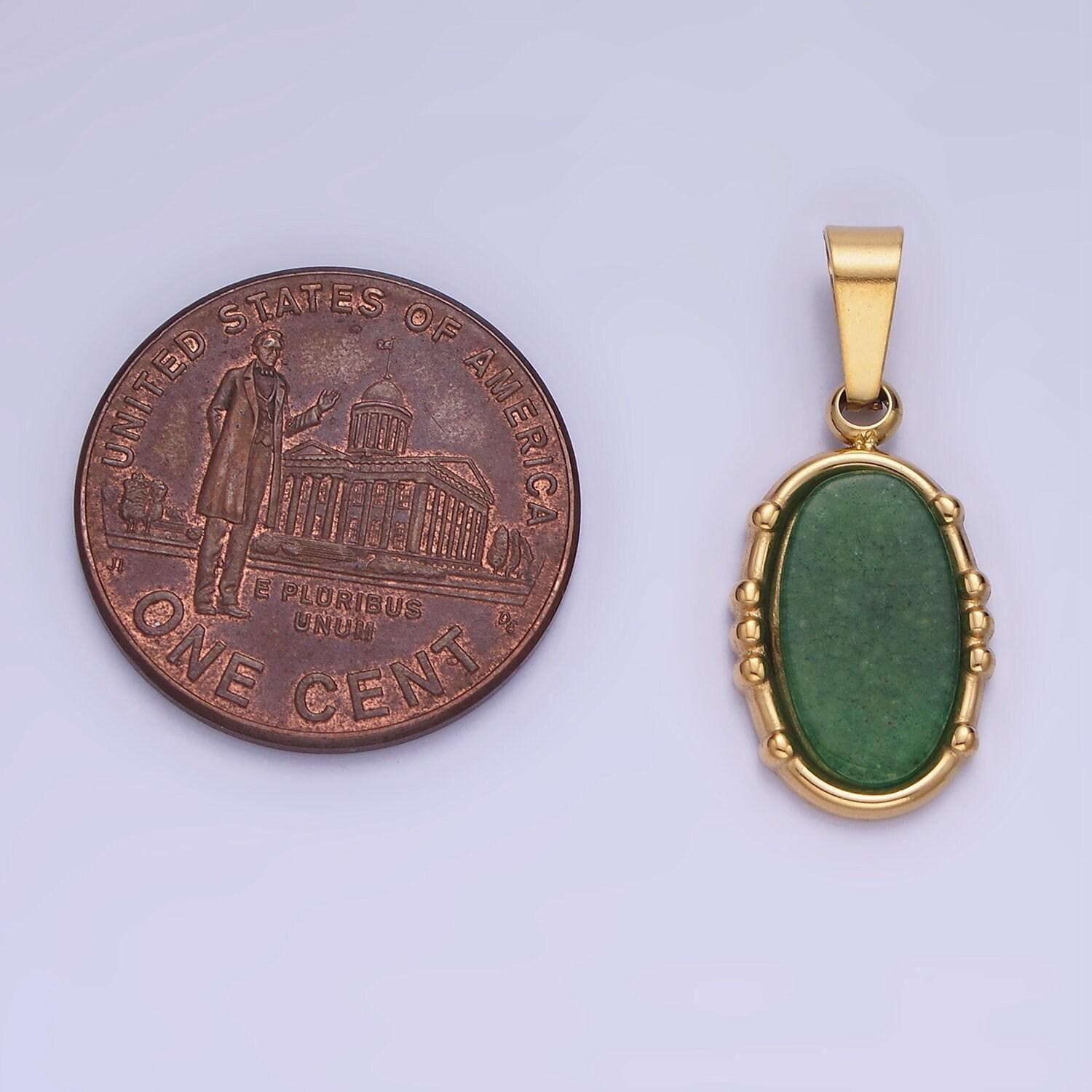 Oval green aventurine pendant natural stone waterproof gold stainless steel drop pendant for necklace component p-1393