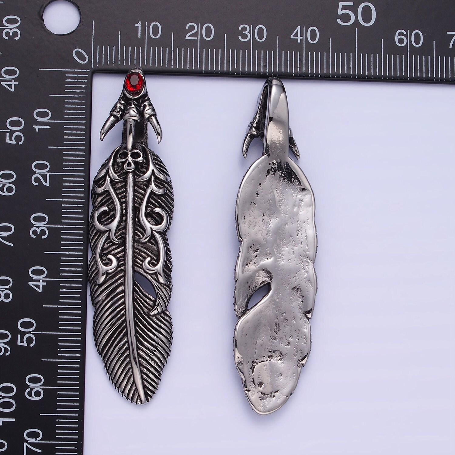 Dark silver stainless steel gothic feather w/ red eye charm for necklace pendant men jewelry making | p1390