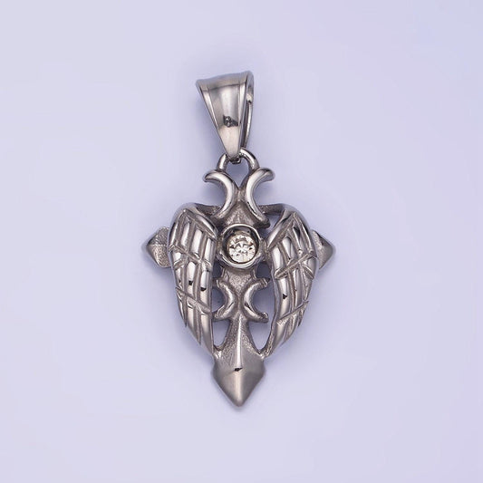 Stainless steel 37mm gothic silver cross crown feather wings pendant | p1389