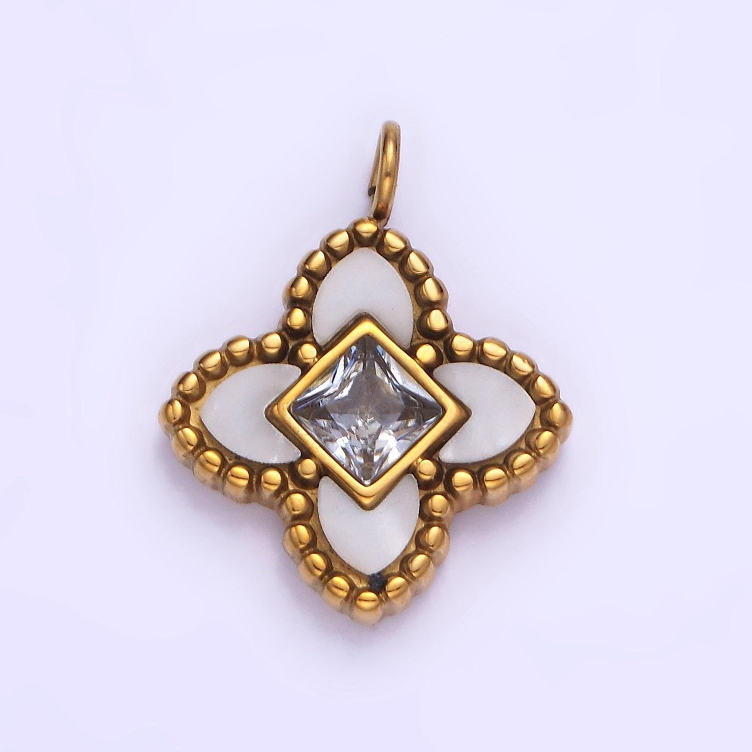 Stainless steel cz four-leaf petal flower micro paved mini add-on charm black white enamel charm p1381