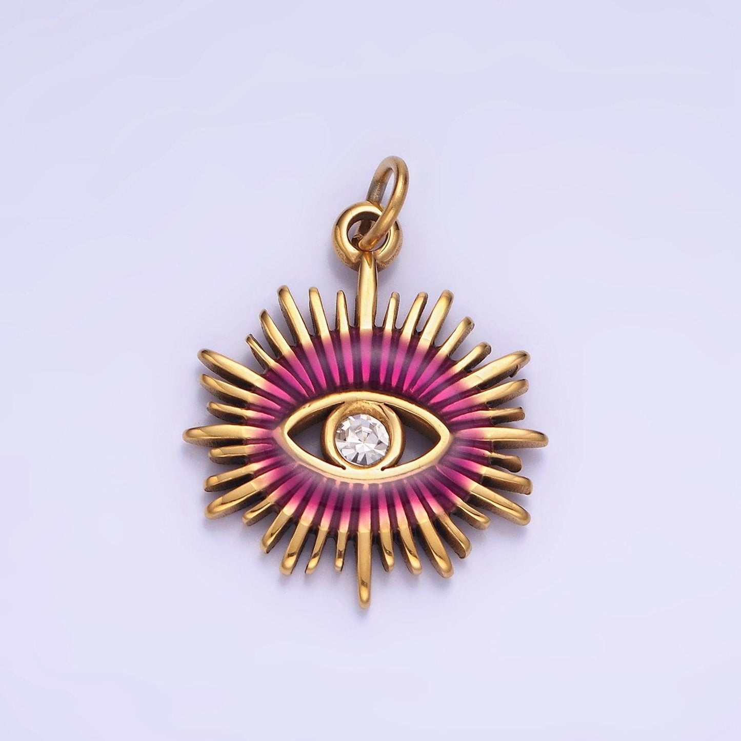 Gold stainless steel evil eye, micro pave evil eye charm, clear cubic charms, cz gold evil eye charm, sun burst jewelry supply p-1380