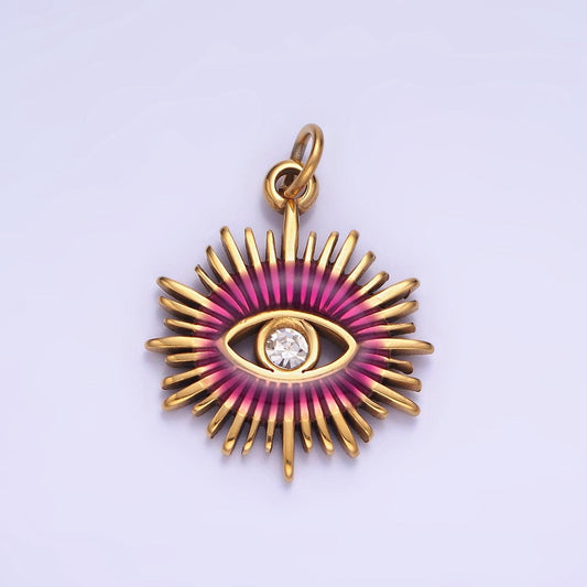 Gold stainless steel evil eye, micro pave evil eye charm, clear cubic charms, cz gold evil eye charm, sun burst jewelry supply p-1380