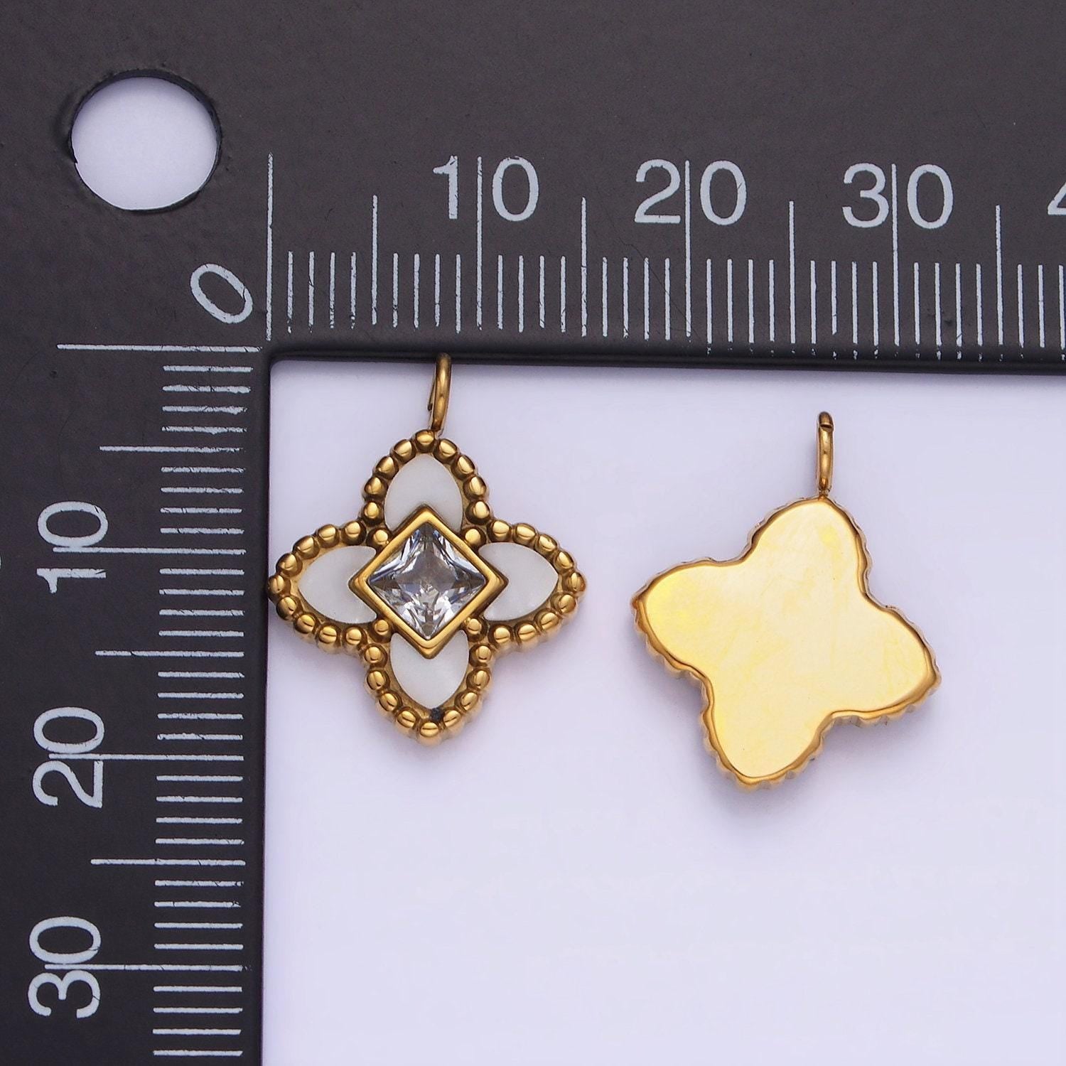 Stainless steel cz four-leaf petal flower micro paved mini add-on charm black white enamel charm p1381