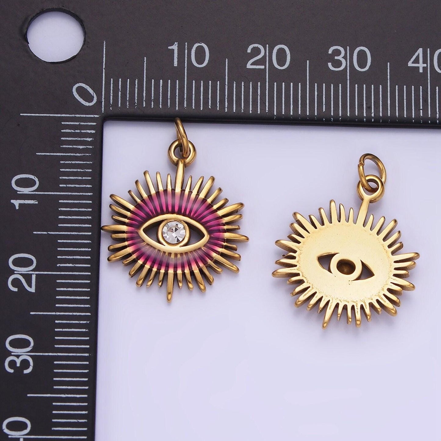 Gold stainless steel evil eye, micro pave evil eye charm, clear cubic charms, cz gold evil eye charm, sun burst jewelry supply p-1380