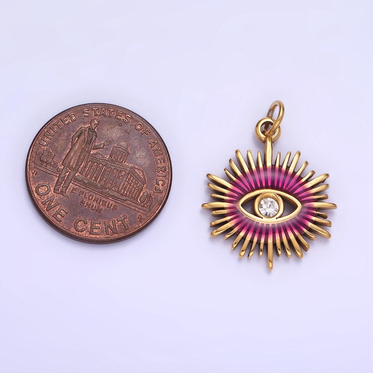 Gold stainless steel evil eye, micro pave evil eye charm, clear cubic charms, cz gold evil eye charm, sun burst jewelry supply p-1380