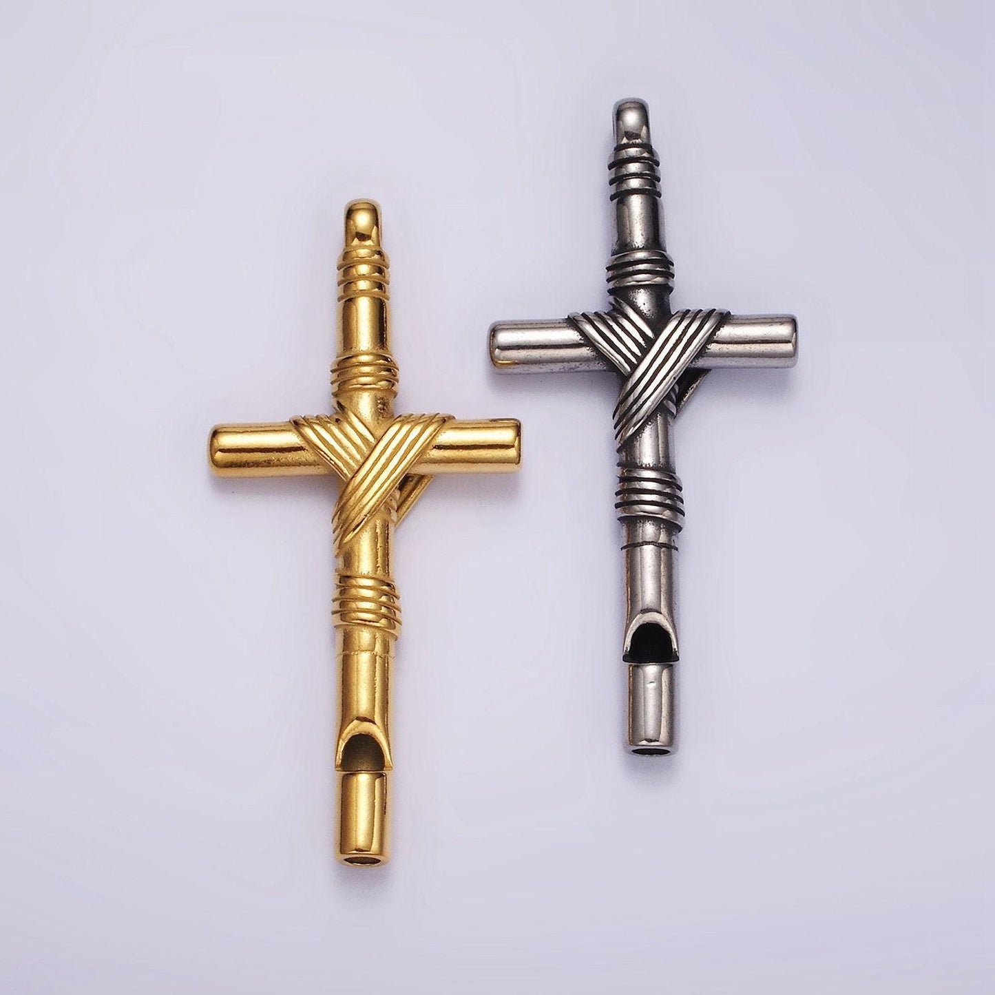 Stainless steel 65mm lined rope tied latin cross religious pendant in gold & silver | p1363