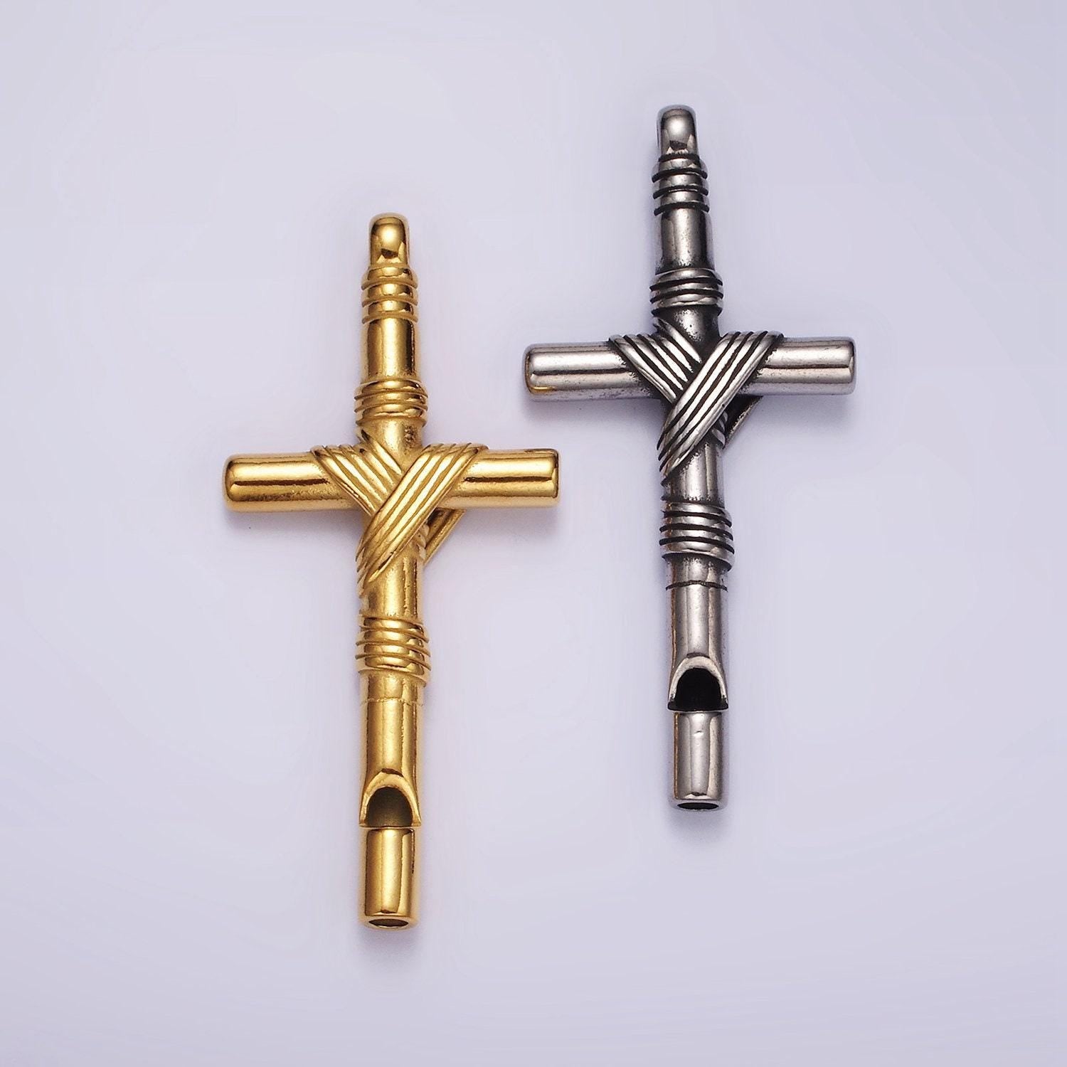 Stainless steel 65mm lined rope tied latin cross religious pendant in gold & silver | p1363