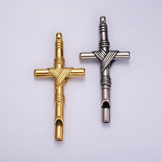 Stainless steel 65mm lined rope tied latin cross religious pendant in gold & silver | p1363