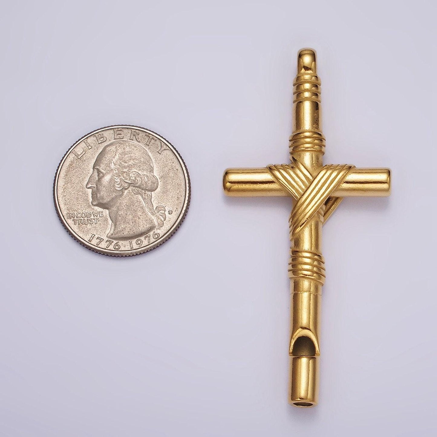 Stainless steel 65mm lined rope tied latin cross religious pendant in gold & silver | p1363
