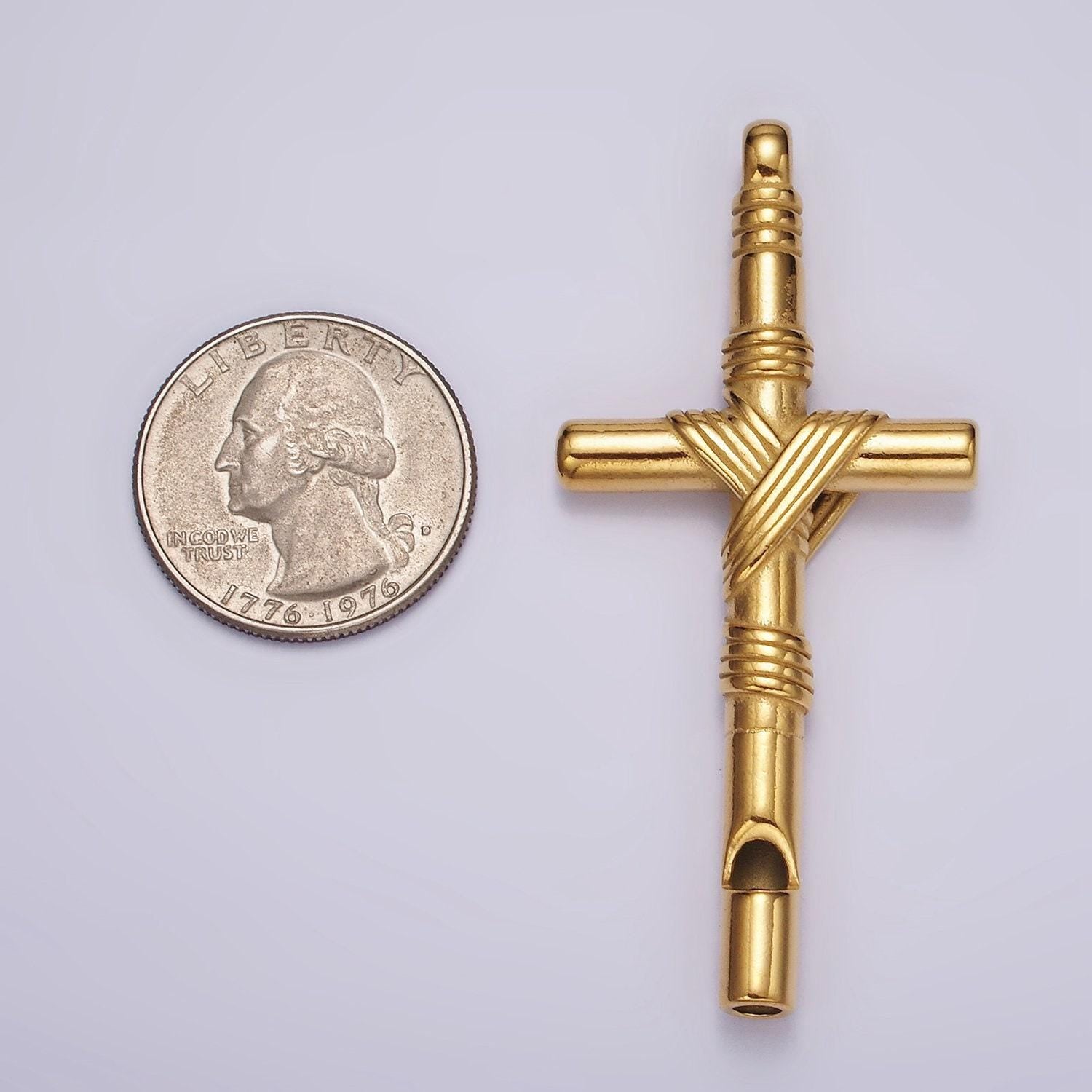Stainless steel 65mm lined rope tied latin cross religious pendant in gold & silver | p1363