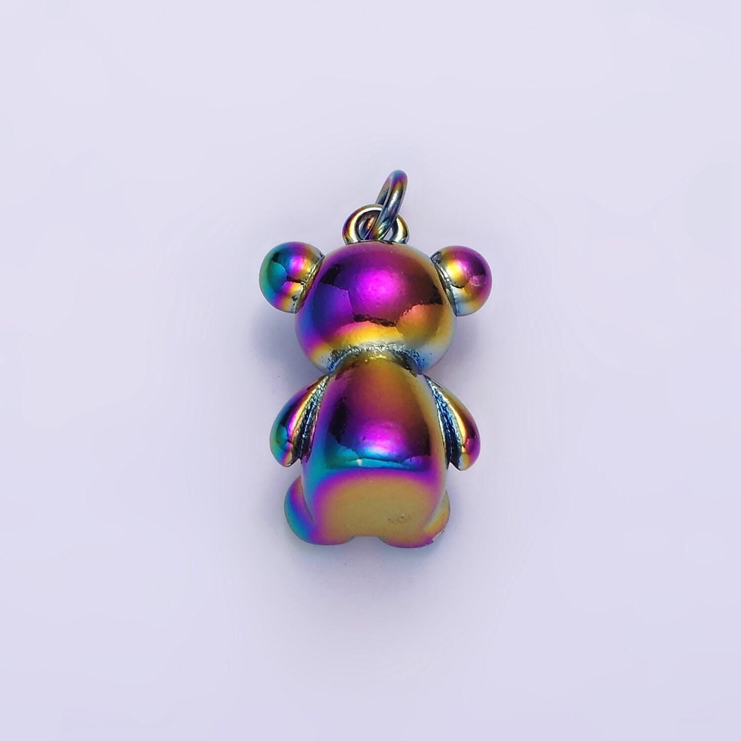 Stainless steel 20mm teddy bear animal iridescent rainbow charm | p659