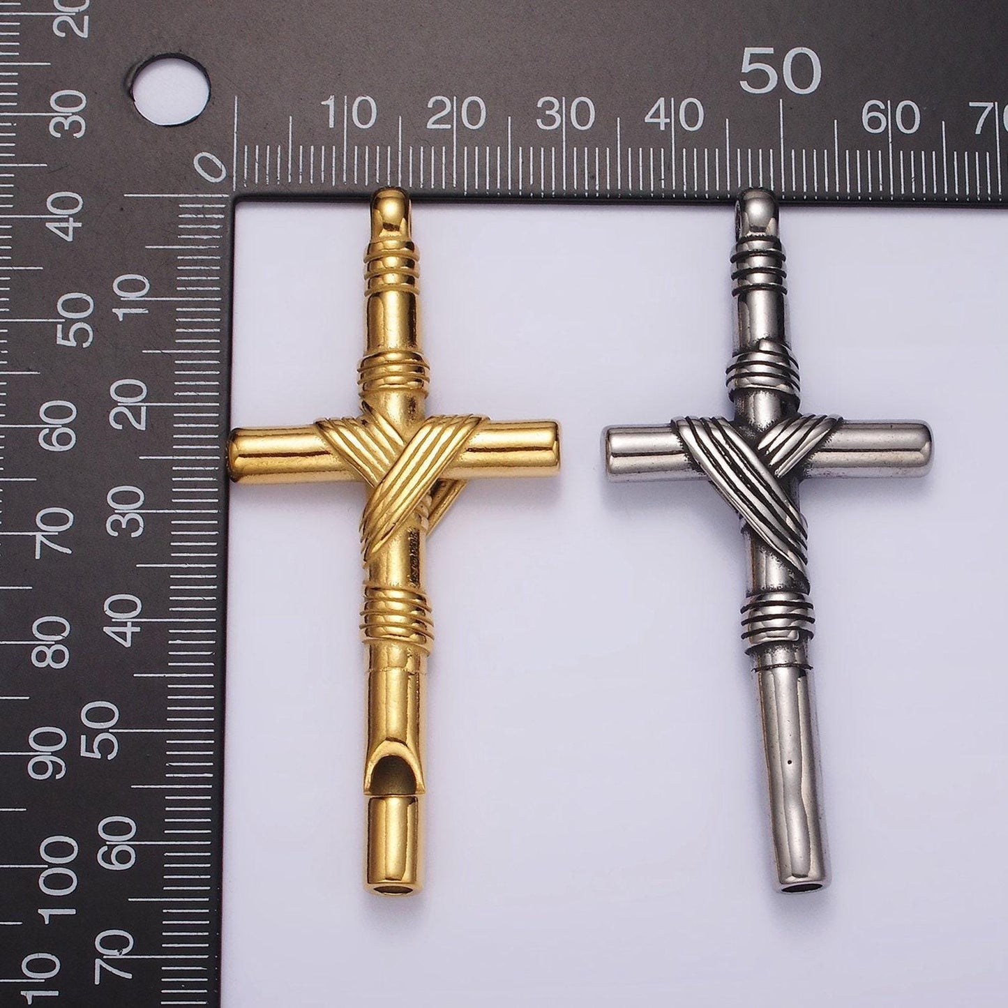 Stainless steel 65mm lined rope tied latin cross religious pendant in gold & silver | p1363