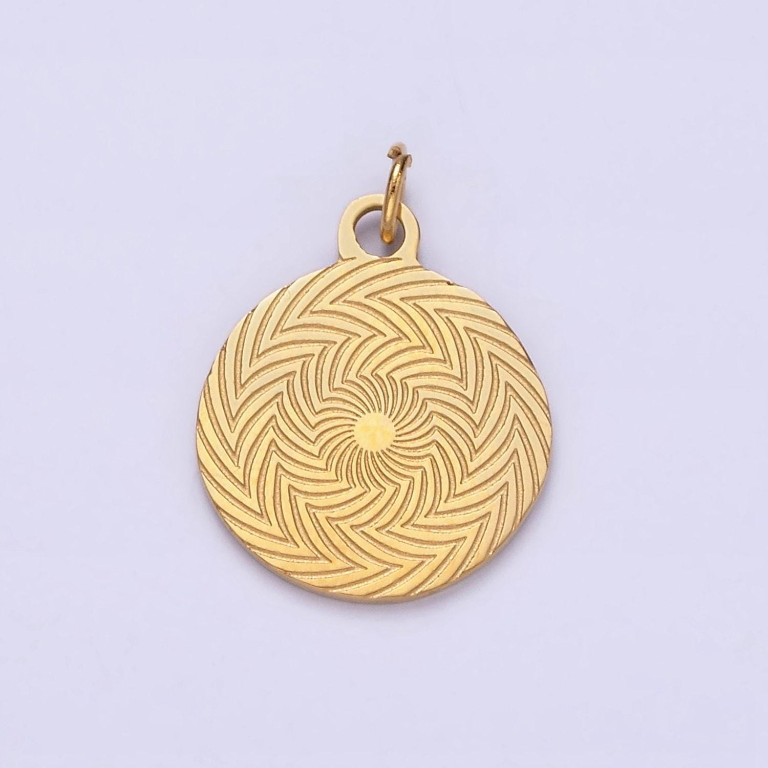 Stainless steel celestial sun ray lined geometric minimalist round charm | p1350