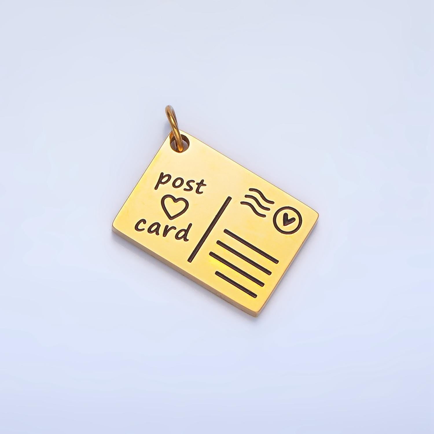 Scripted "post <3 card" black enamel out-line, stainless steel travel charm | p-1339