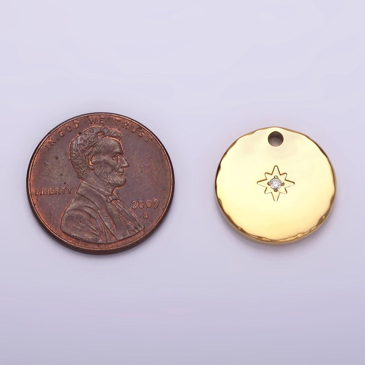 Stainless steel clear cz celestial north star 15.5mm round coin gold charm | p1287