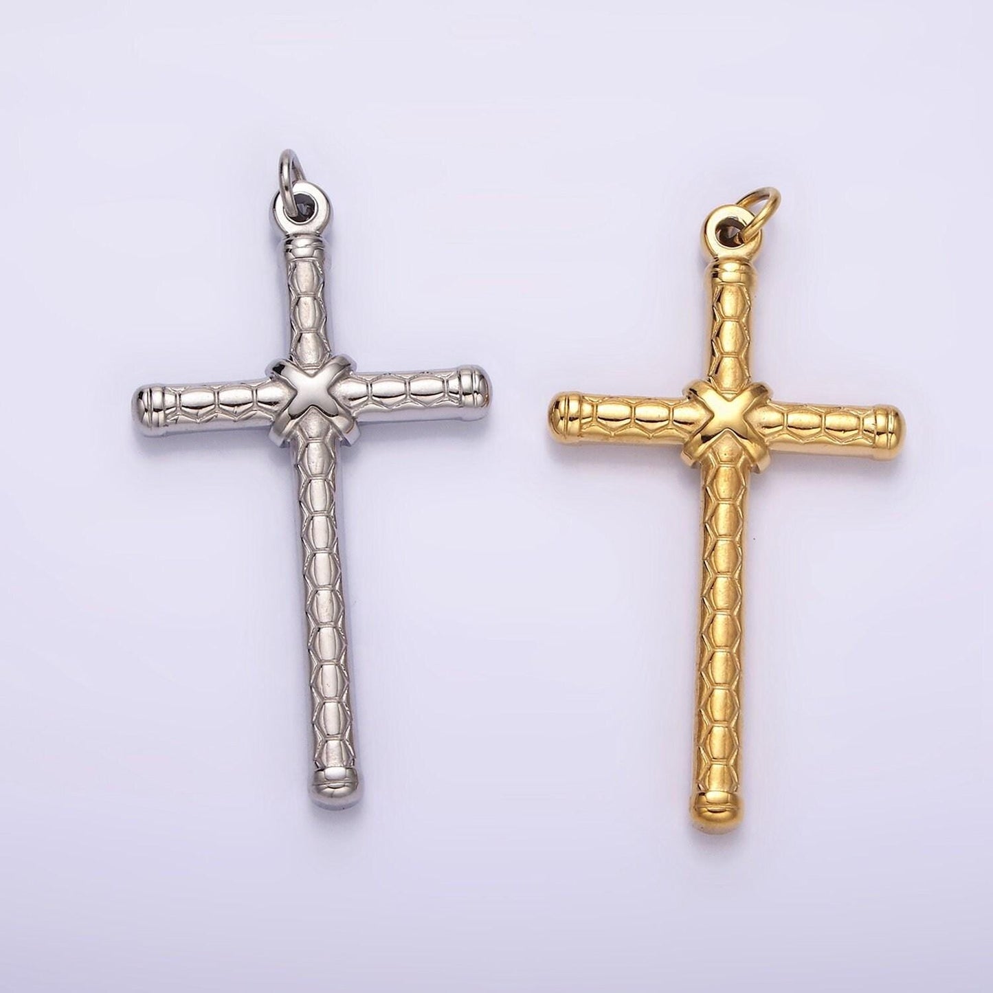 Stainless steel gold cross tied hexagon textured charm in gold & silver for unisex men jewelry component religious pendant | p1282 p1283
